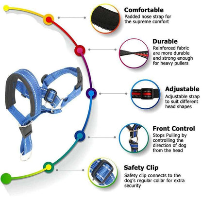 Blue adjustable nylon anti-bark dog muzzle and head halter by TrendyPet's Zone, designed for training and control.