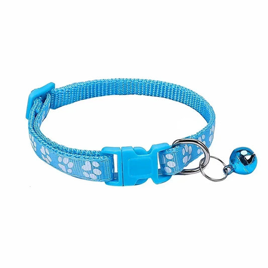 Blue adjustable nylon cat collar with bell and soft paw print design, suitable for cats and small dogs, from TrendyPet's Zone.