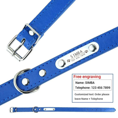 Blue Adjustable PU Leather Dog Collar with ID Tag TrendyPet's Zone