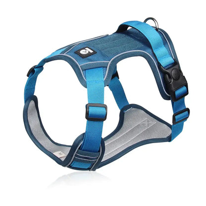 Blue adjustable tactical dog harness with handle from TrendyPet's Zone, designed for no-pull control and secure fitting.