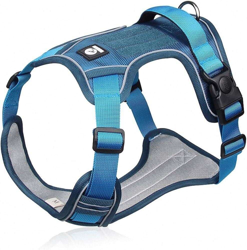 Blue adjustable tactical dog harness with handle, no-pull design, by TrendyPet's Zone, ideal for walking and training dogs.