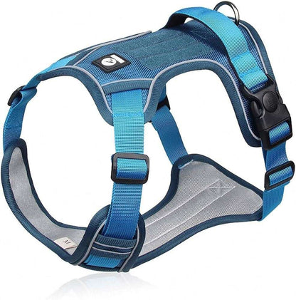 Blue adjustable tactical dog harness with handle, no-pull design, by TrendyPet's Zone, ideal for walking and training dogs.