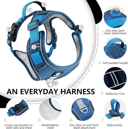 Blue adjustable tactical dog harness with handle from TrendyPet's Zone, designed for no-pull control and secure fitting.