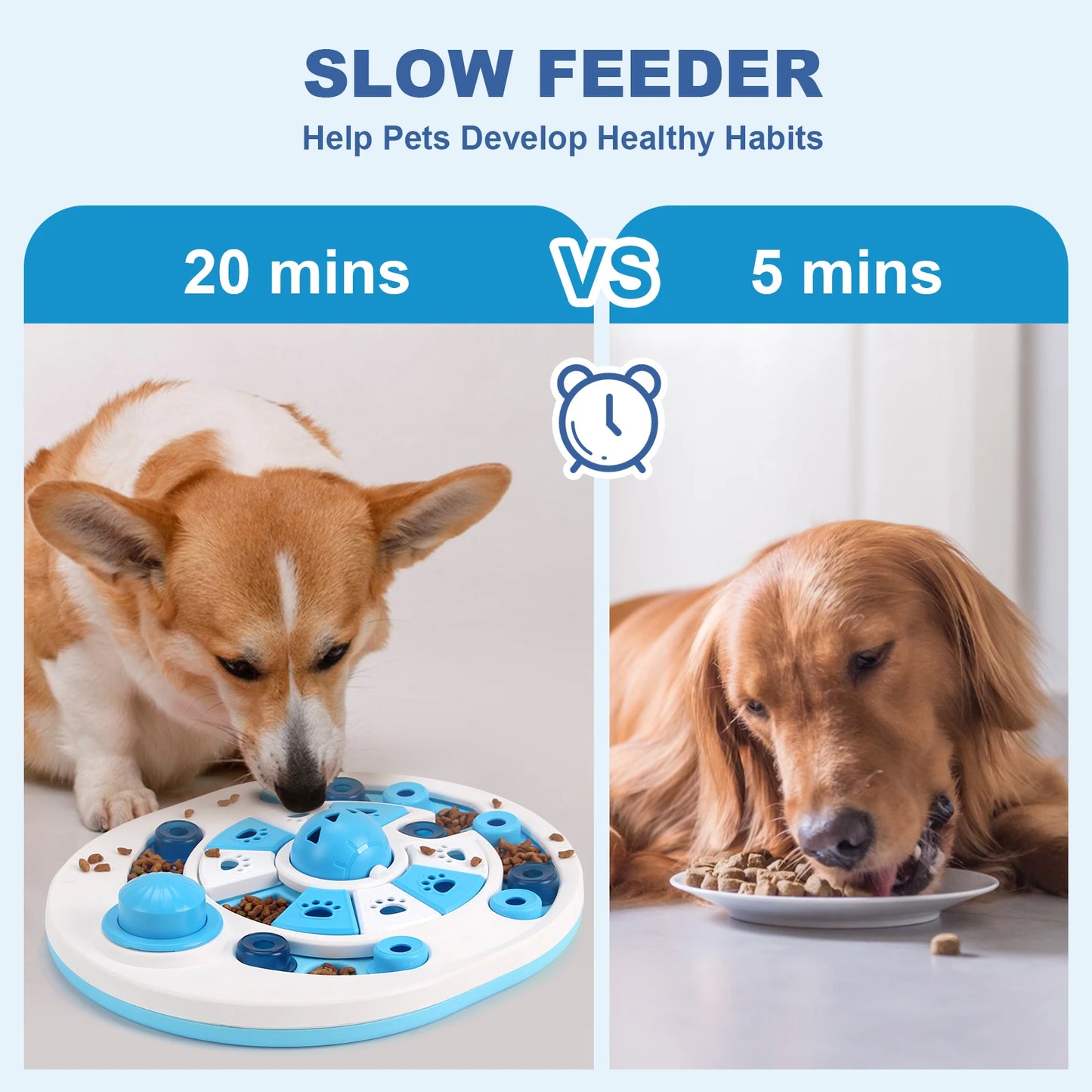 Blue puzzle feeder dog food dispenser by TrendyPet's Zone, an engaging training toy to prevent choking and promote mental stimulation for dogs.