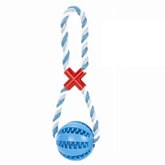 Blue Ball With White Hemp Rope Toys Treat Interactive Rubber Leaking Balls for Small Dogs Chewing Bite Resistant Pet Tooth Cleaning - TrendyPet's Zone