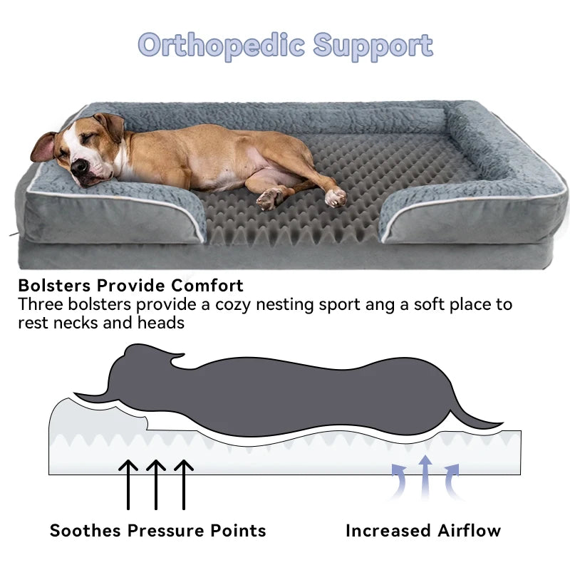 Blue orthopedic bolster dog bed with waterproof lining, non-skid bottom, washable cover, and egg foam cushioning by TrendyPet's Zone.