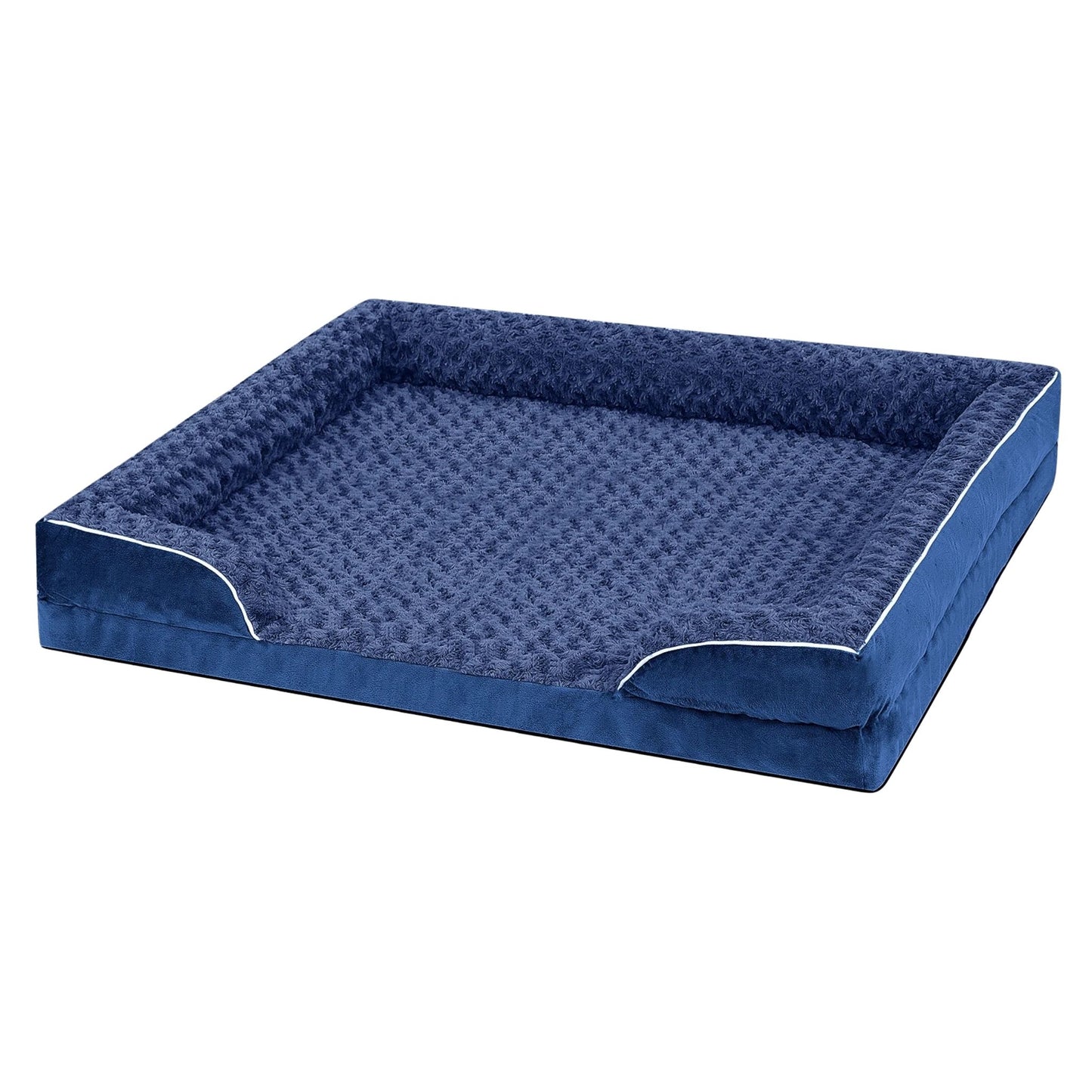 Blue bolster dog bed by TrendyPet's Zone with waterproof lining, non-skid bottom, washable fabric, and orthopedic egg foam cushioning.