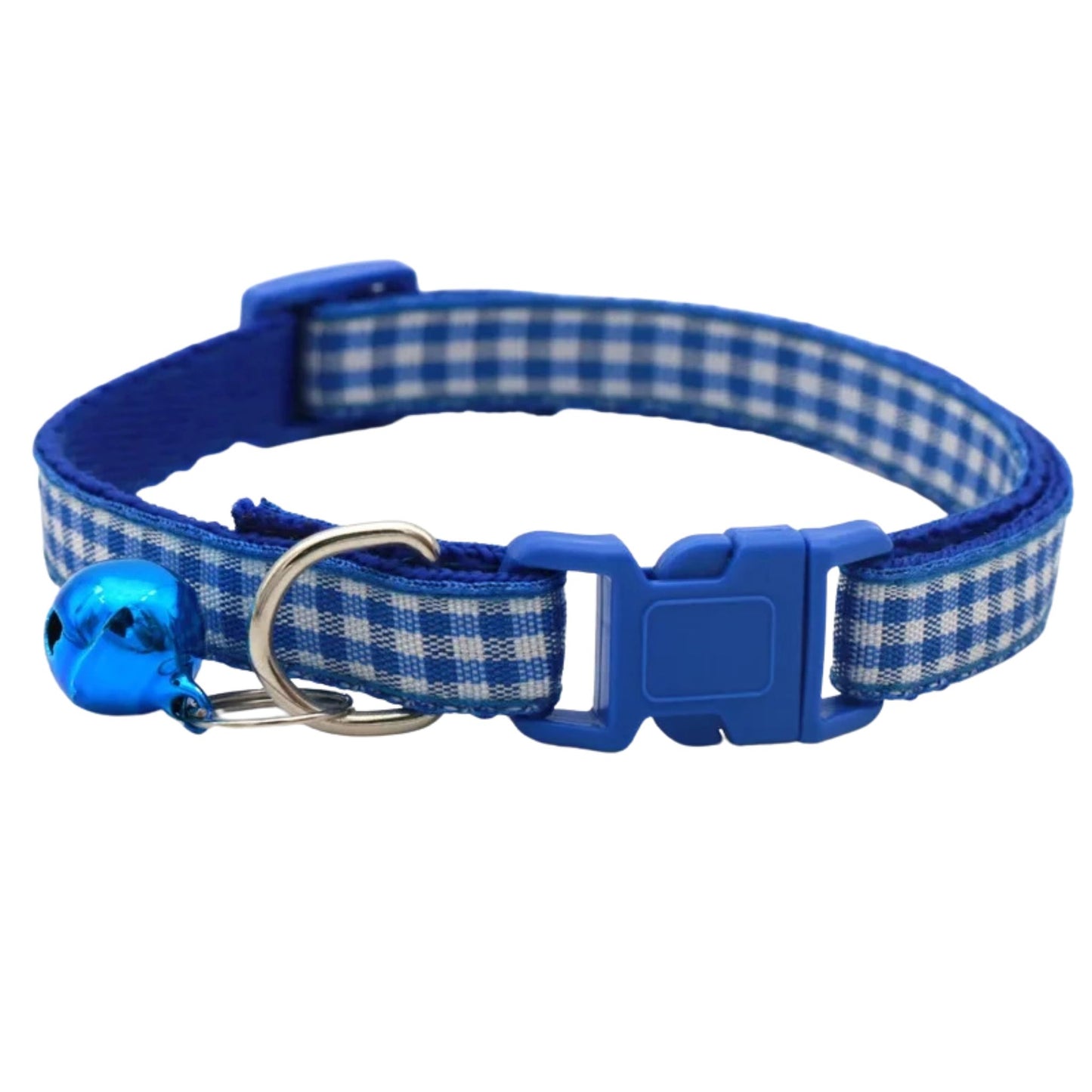 Blue checkered striped pet collar with bell, adjustable nylon collar for cats and small dogs, from TrendyPet's Zone.
