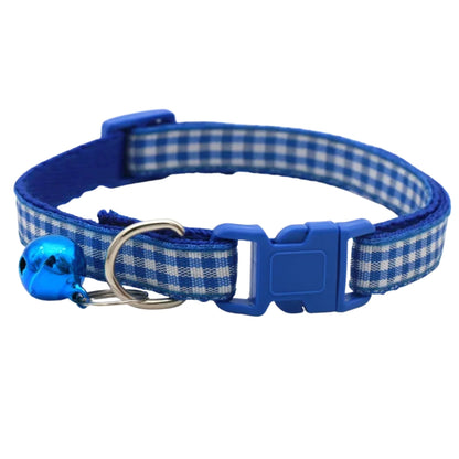 Blue checkered striped pet collar with bell, adjustable nylon collar for cats and small dogs, from TrendyPet's Zone.