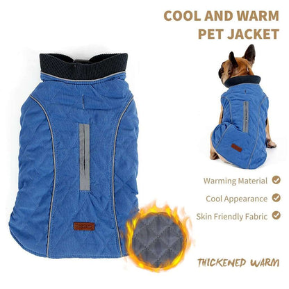 Blue quilted dog coat from TrendyPet's Zone featuring a warm, retro-style thick vest for cozy outdoor comfort.