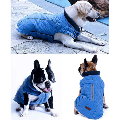 Blue quilted dog coat from TrendyPet's Zone, cozy warm jacket with retro thick vest design for dogs in cold weather.
