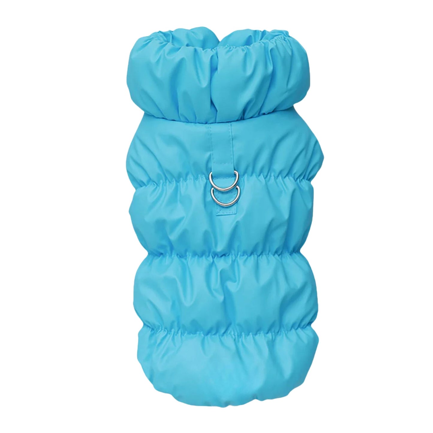Blue quilted dog vest jacket with built-in harness from TrendyPet's Zone, designed for warmth and easy leash attachment.