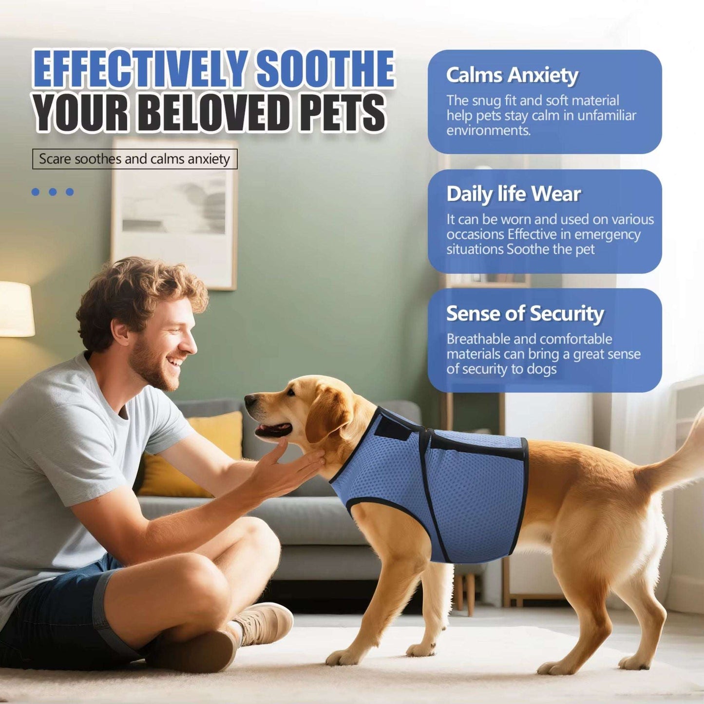 Blue dog anti-anxiety jacket by TrendyPet's Zone, calming coat designed for thunder relief and anxiety in pets.