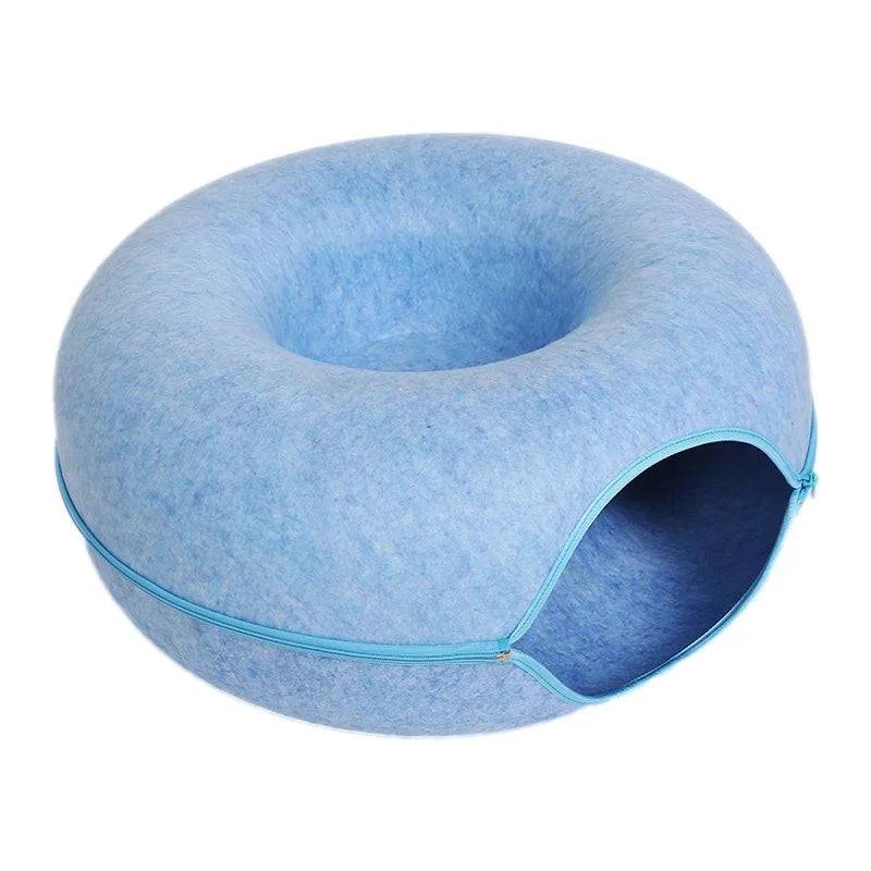 Blue Donut Cat Bed for 2 Pets Tunnel Kitten House Basket Interactive Natural Felt Cave Nest - TrendyPet's Zone