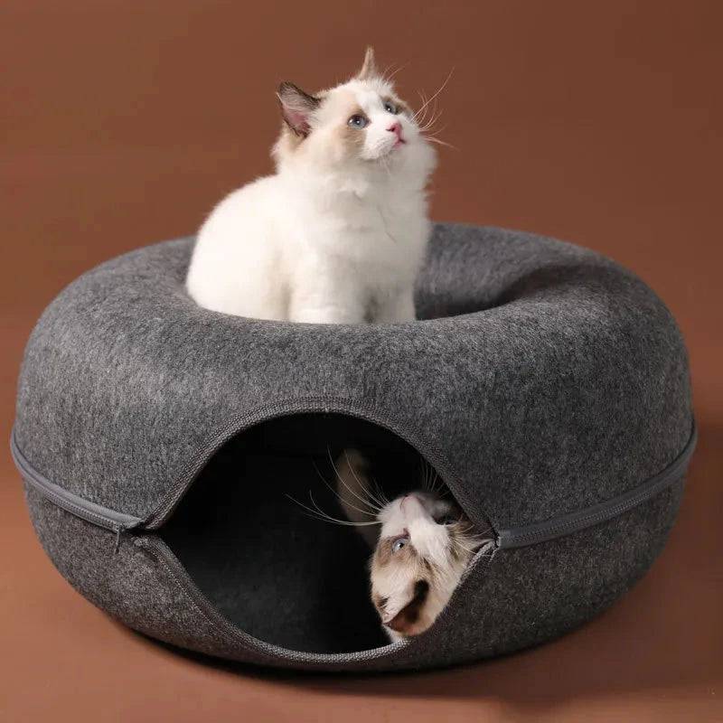 Blue Donut Cat Bed for 2 Pets Tunnel Kitten House Basket Interactive Natural Felt Cave Nest - TrendyPet's Zone