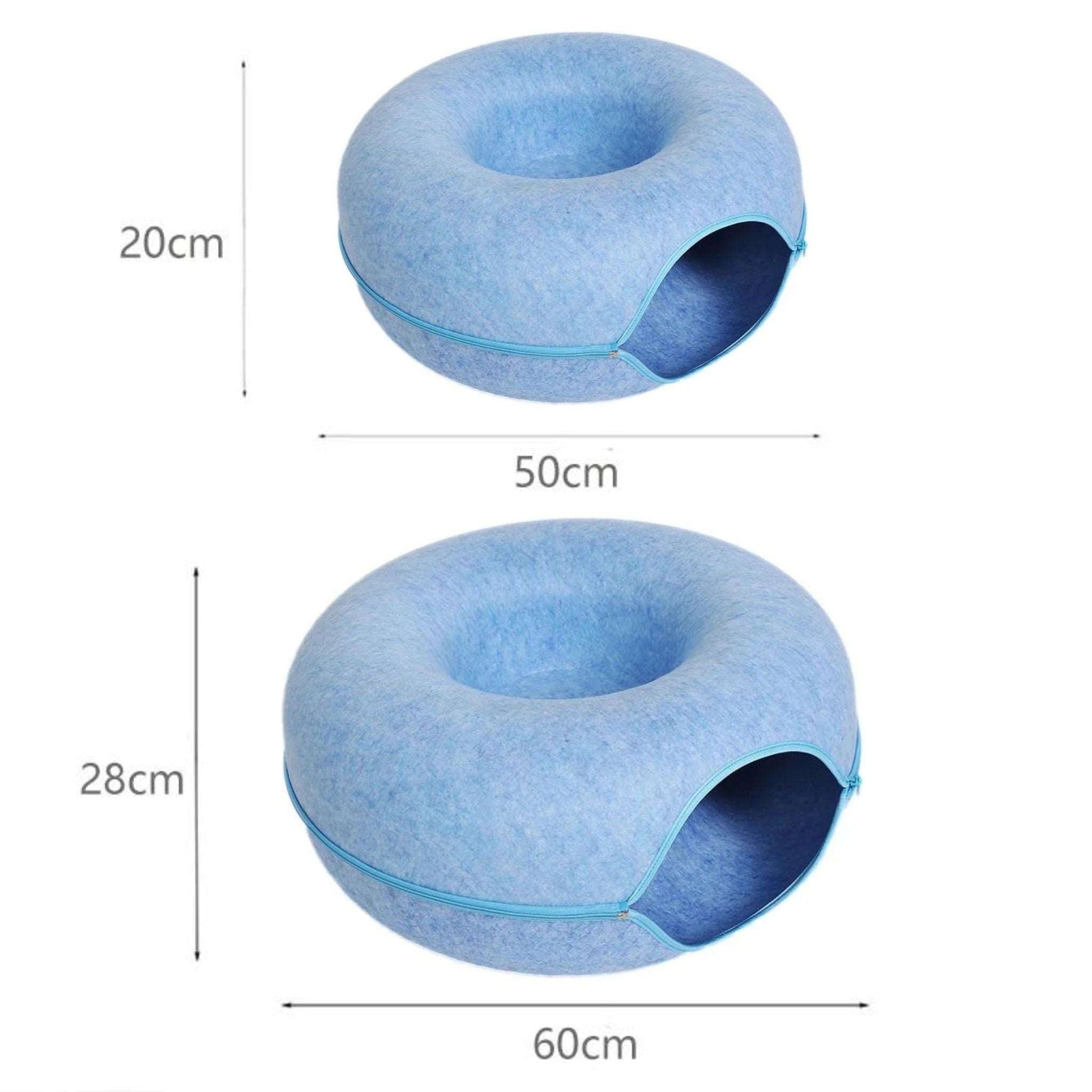 Blue Donut Cat Bed for 2 Pets Tunnel Kitten House Basket Interactive Natural Felt Cave Nest - TrendyPet's Zone