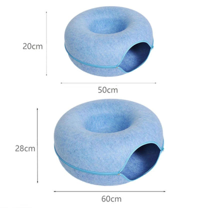 Blue Donut Cat Bed for 2 Pets Tunnel Kitten House Basket Interactive Natural Felt Cave Nest - TrendyPet's Zone