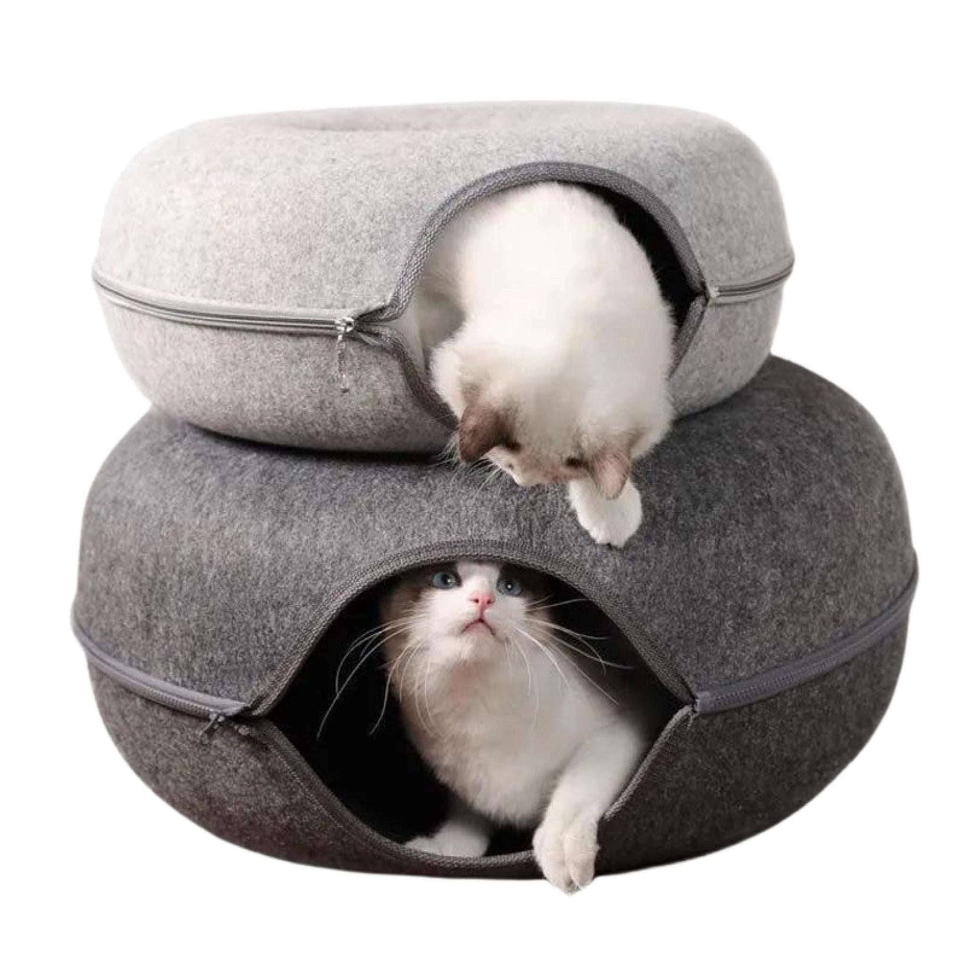 Blue Donut Cat Bed for 2 Pets Tunnel Kitten House Basket Interactive Natural Felt Cave Nest - TrendyPet's Zone