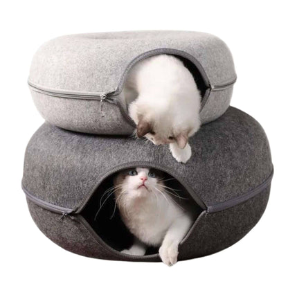 Blue Donut Cat Bed for 2 Pets Tunnel Kitten House Basket Interactive Natural Felt Cave Nest - TrendyPet's Zone
