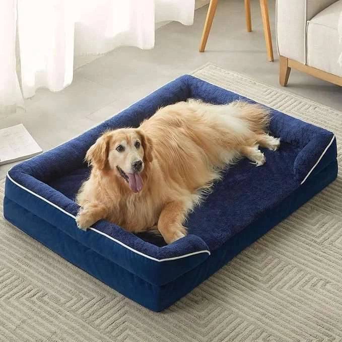 Blue Extra Large Bolster Dog Bed with Waterproof Lining & Non-Skid Bottom, Washable, Orthopedic Egg Foam Couch, XL 42"x 30"x 7" TRENDYPET'S ZONE
