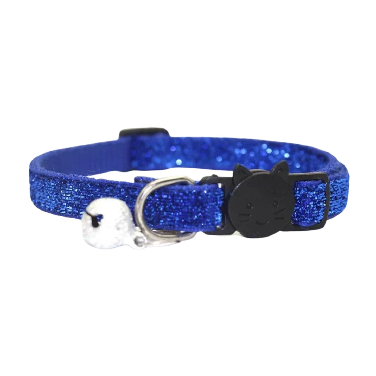 Blue glitter cat collar with bell, cute cat face design, safety buckle, for pets, by TrendyPet's Zone