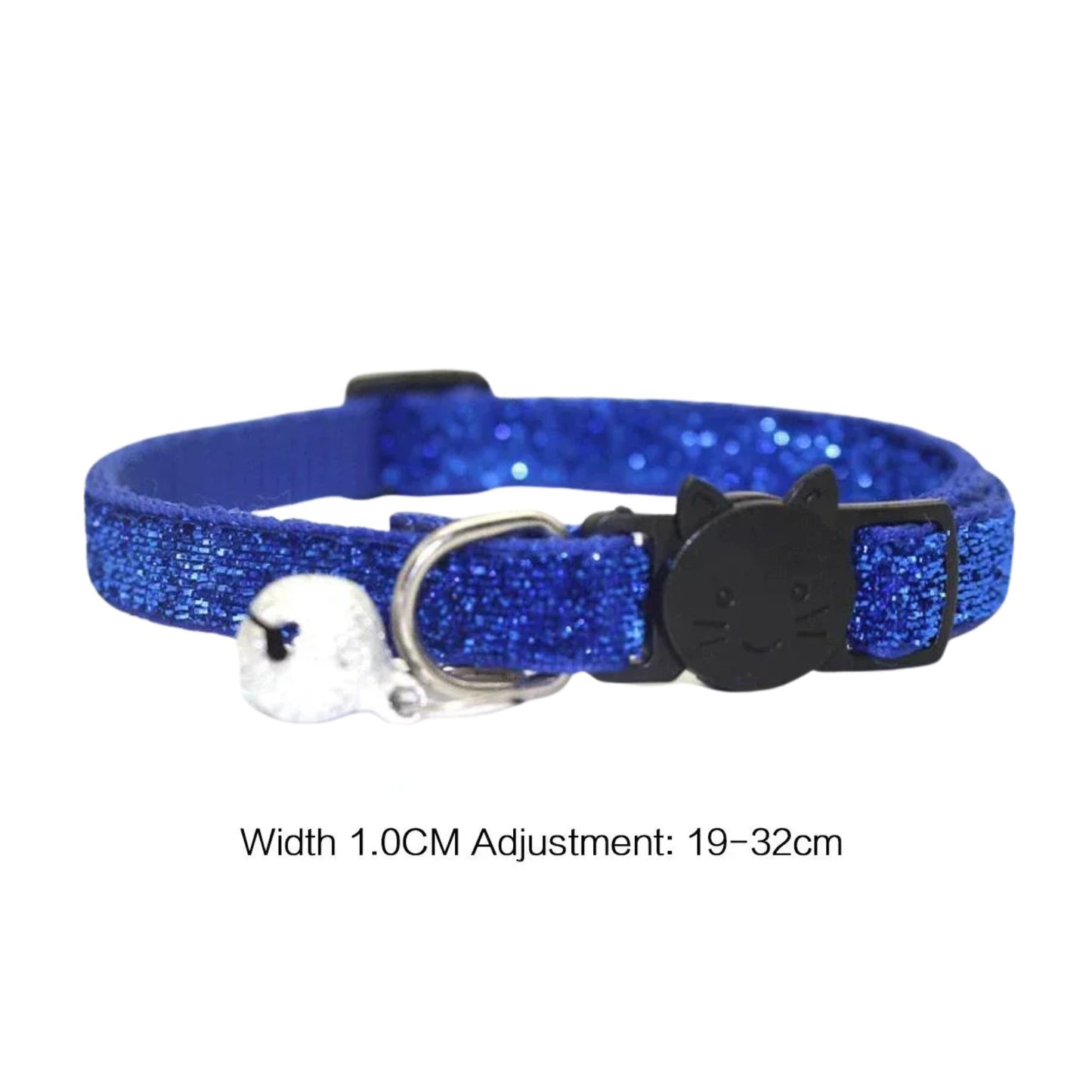 Blue glitter cat collar with bell, featuring a cute cat face design and safety buckle, from TrendyPet's Zone.
