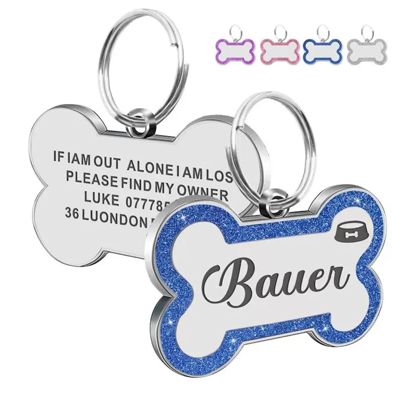 Blue Personalized Bone-Shaped Pet ID Tag Double Side – Glitter Enamel Finish Anti-lost Bone Tags TrendyPet's Zone