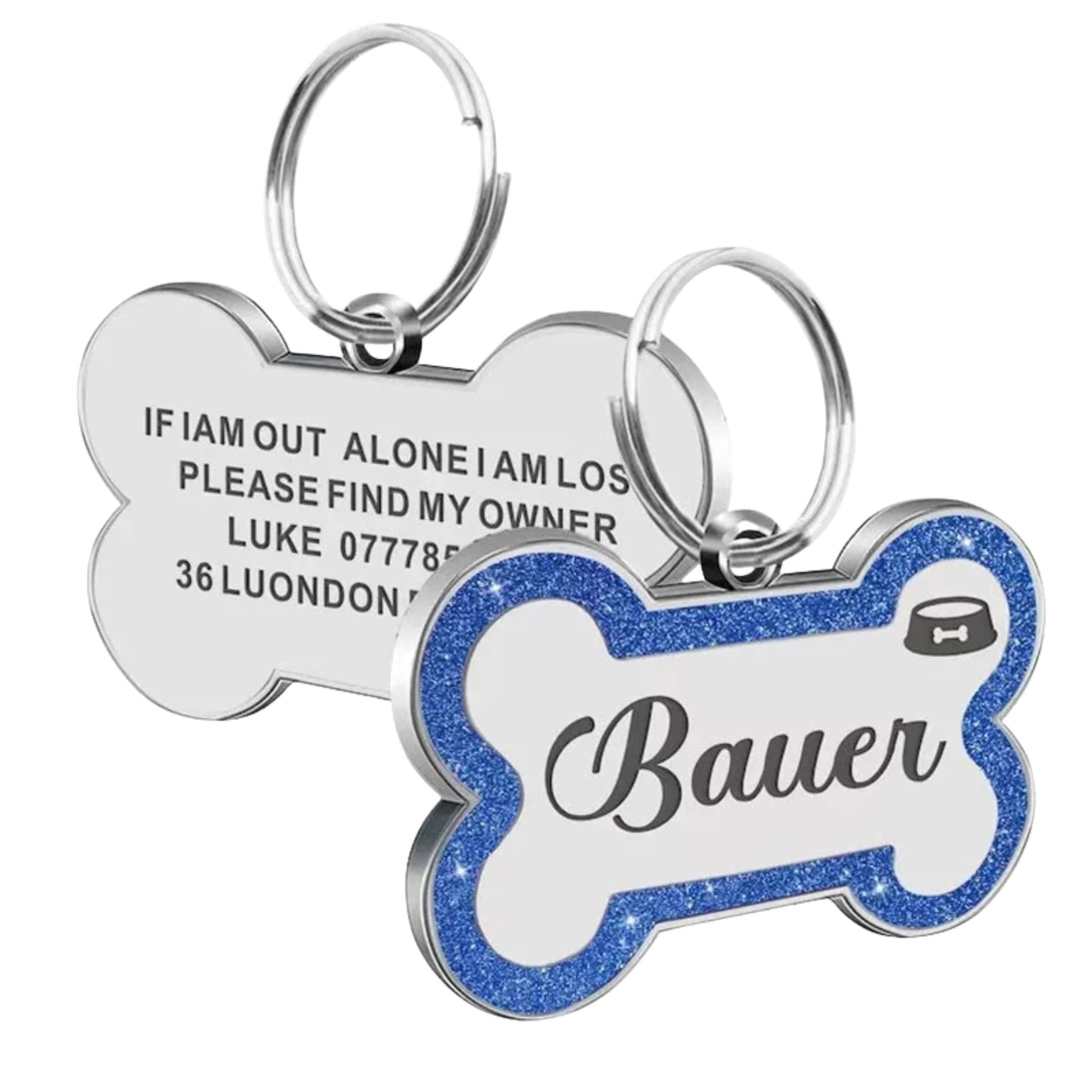 Blue Personalized Bone-Shaped Pet ID Tag Double Side – Glitter Enamel Finish Anti-lost Bone Tags TrendyPet's Zone