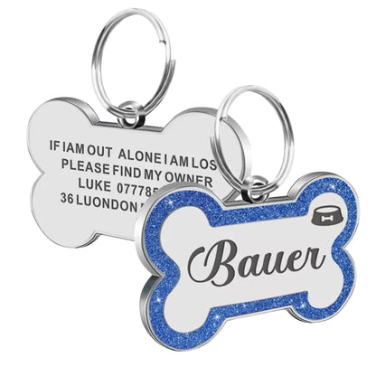 Blue Personalized Bone-Shaped Pet ID Tag Double Side – Glitter Enamel Finish Anti-lost Bone Tags TrendyPet's Zone