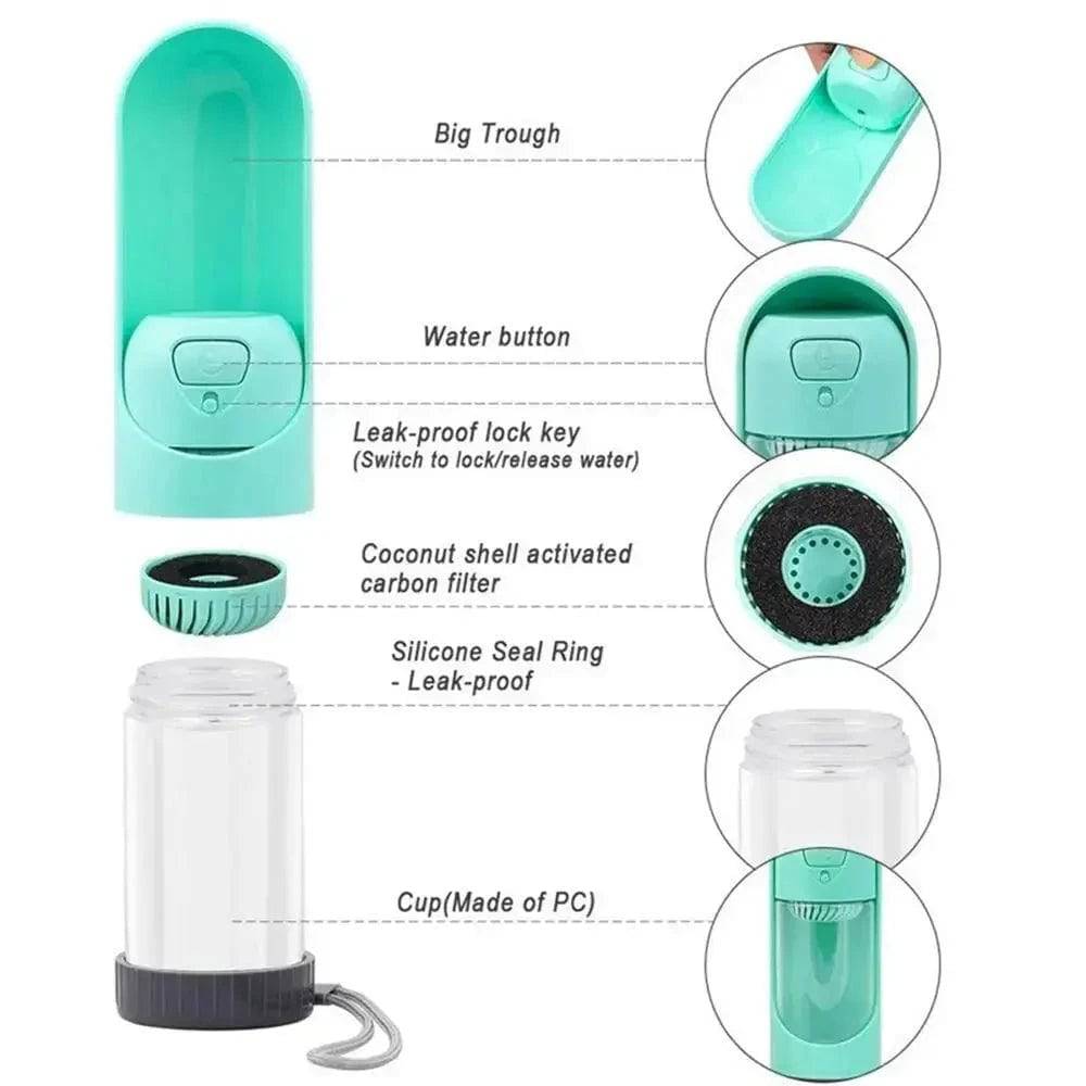 Blue portable pet dog water bottle with built-in drinking bowl for small and large dogs, from TrendyPet's Zone.