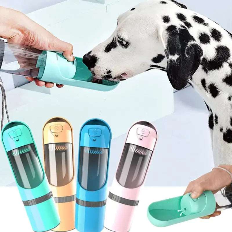Blue portable pet dog water bottle with built-in drinking bowl, ideal for small and large dogs by TrendyPet's Zone.