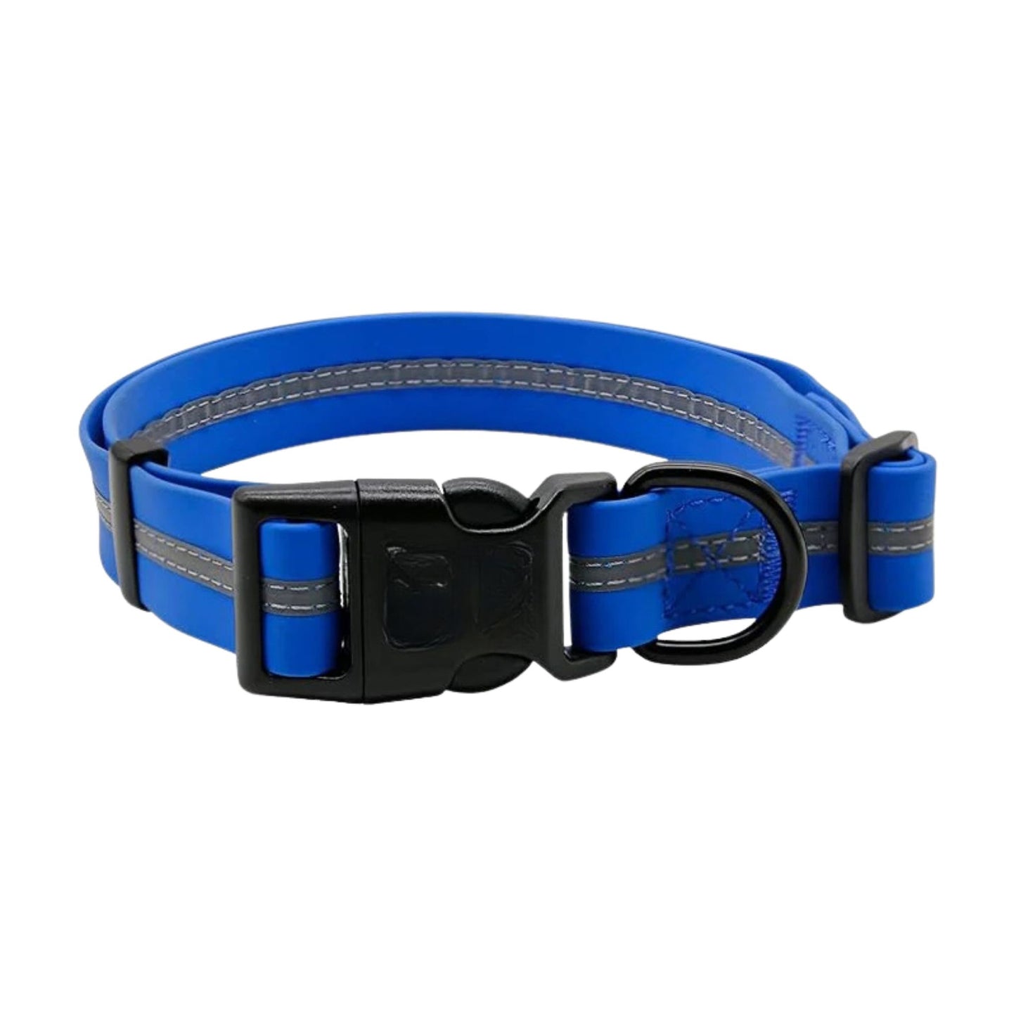 Blue PVC dog collar with reflective stripe, anti-odor, adjustable for pets, by TrendyPet's Zone.