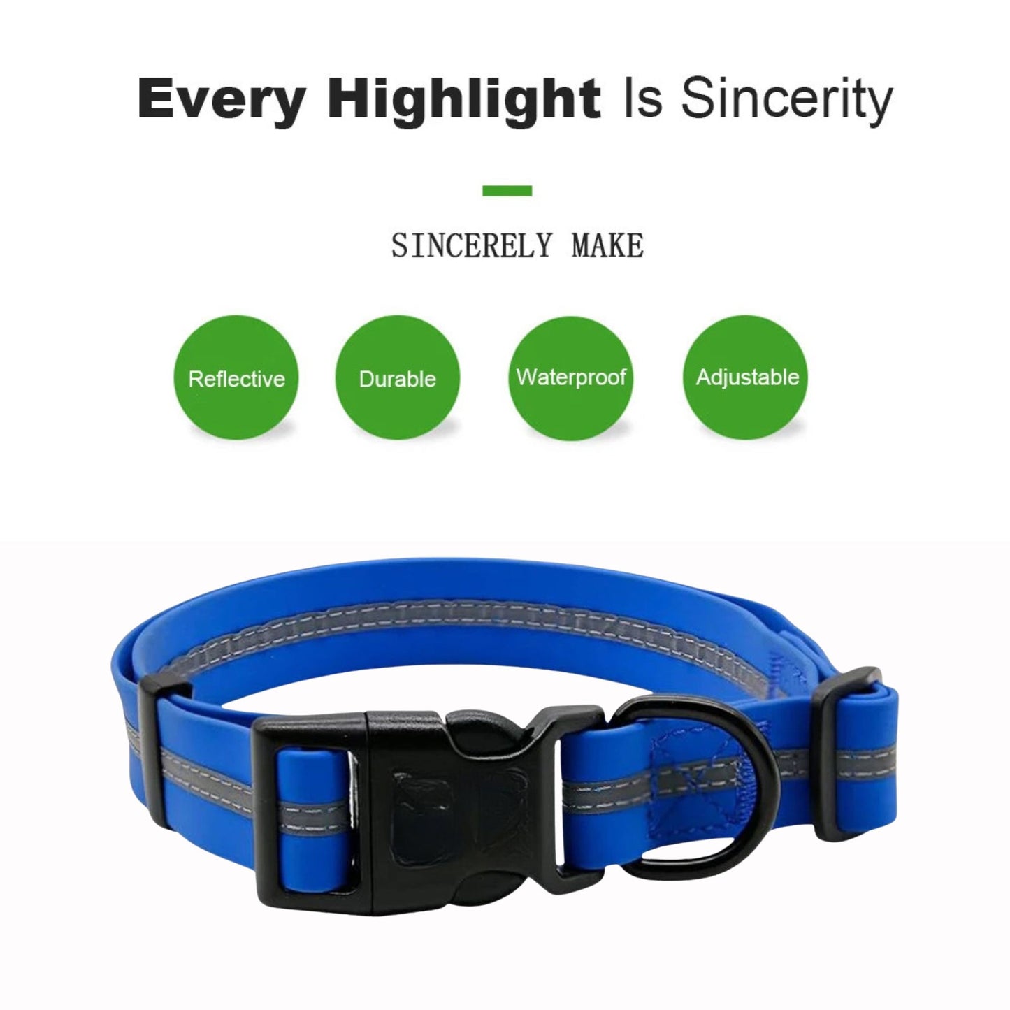 Blue PVC dog collar with reflective stripe, anti-odor, adjustable, from TrendyPet's Zone, designed for pet safety and comfort
