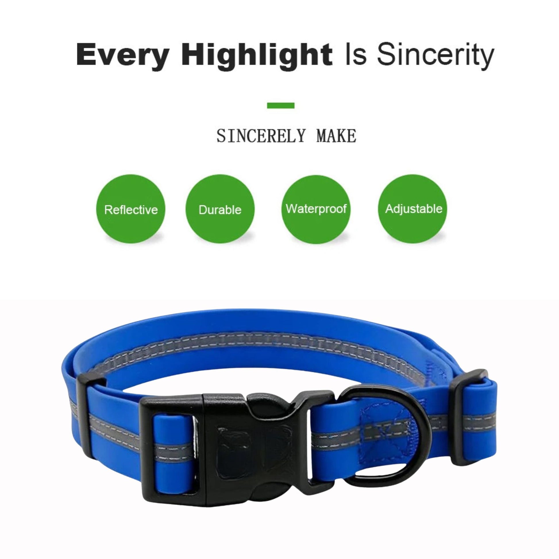 Blue PVC dog collar with reflective stripe, anti-odor, adjustable, from TrendyPet's Zone, designed for pet safety and comfort
