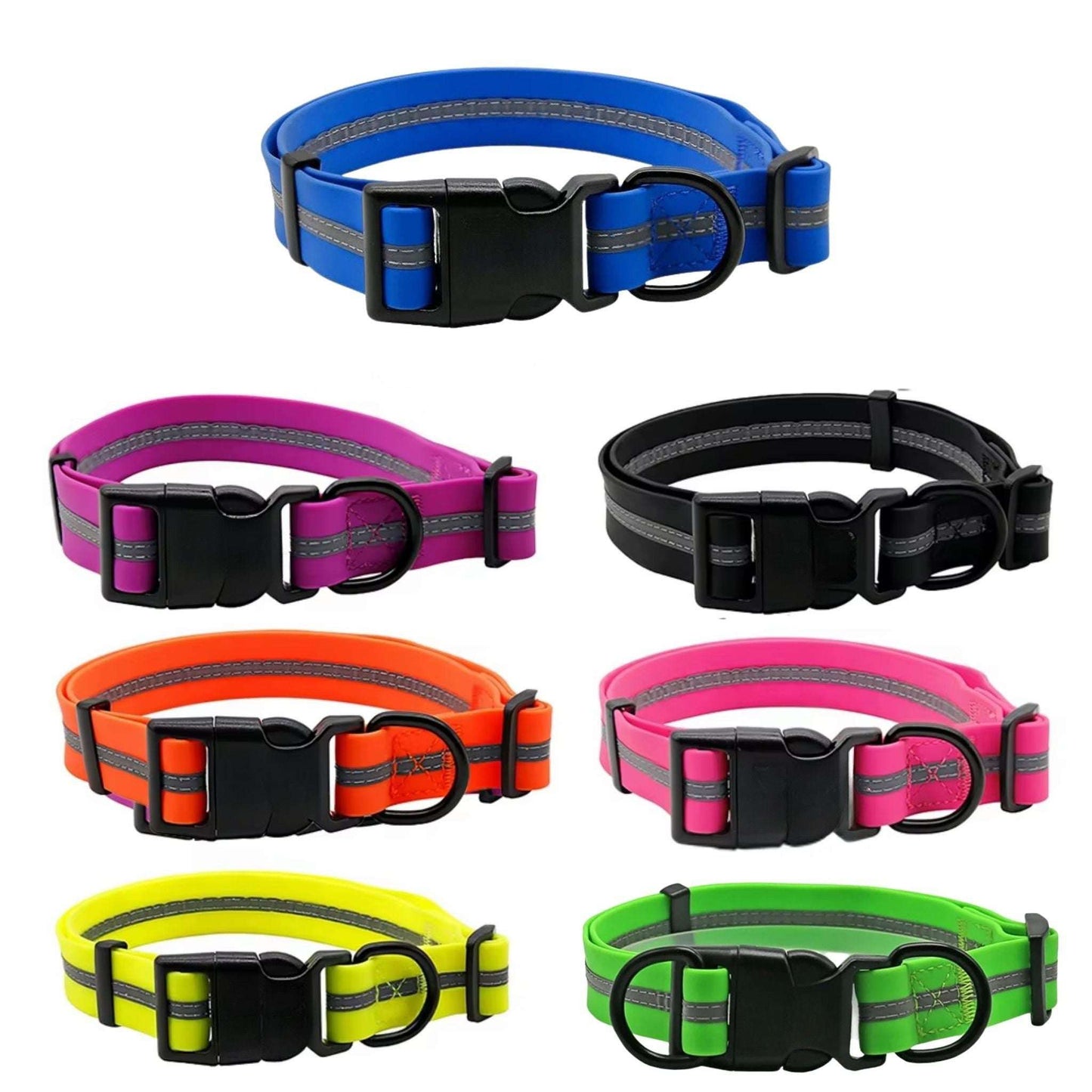 Blue PVC dog collar with reflective stripe, anti-odor adjustable design from TrendyPet's Zone for pet safety and comfort.