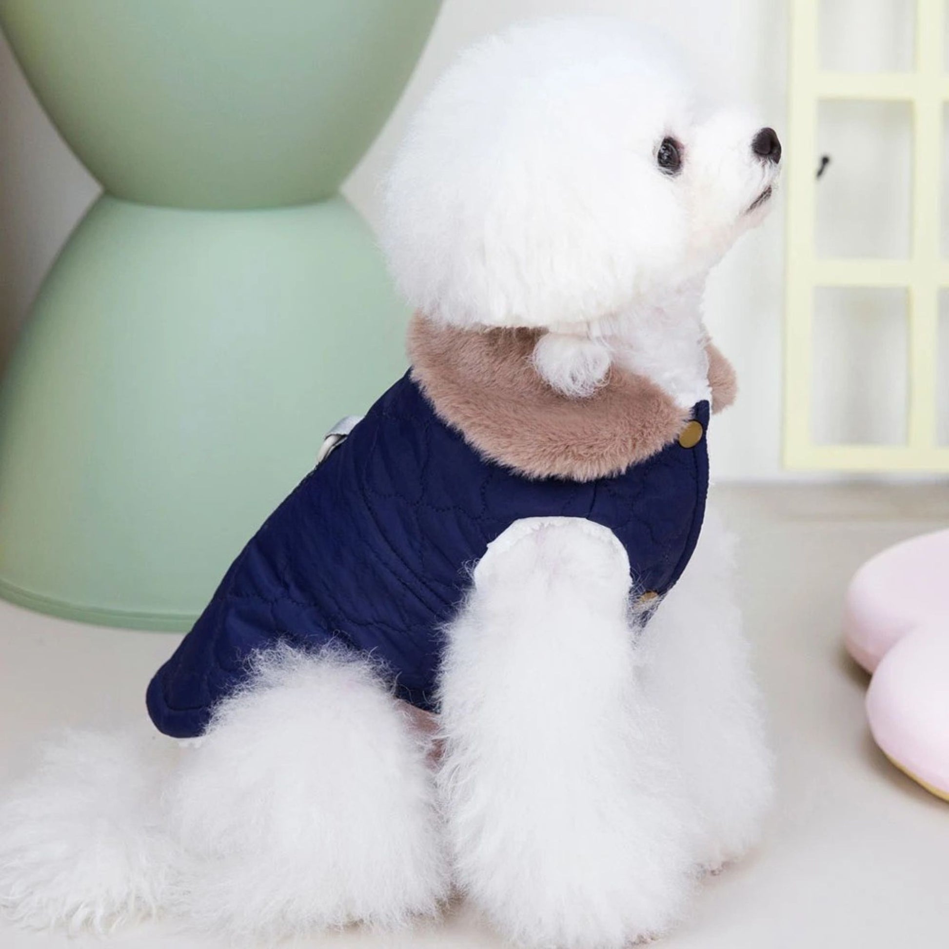 Blue Quilted Dog Vest Jacket with Fur Collar Water-Resistant TrendyPet's Zone