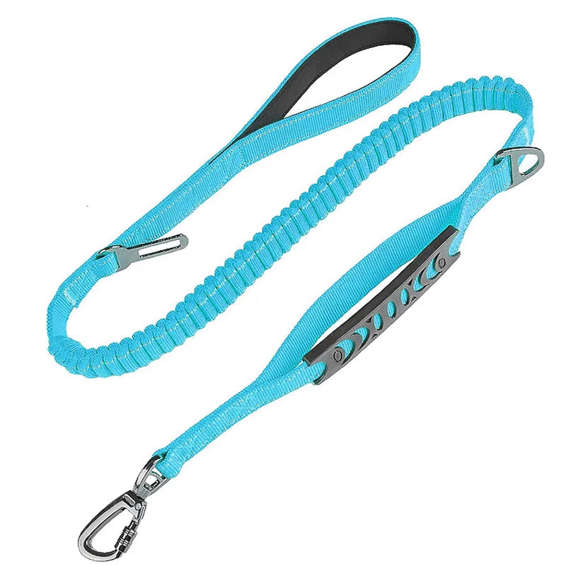 Blue reflective shock-absorbing dog leash with car safety buckle, designed for secure vehicle travel by TrendyPet's Zone.