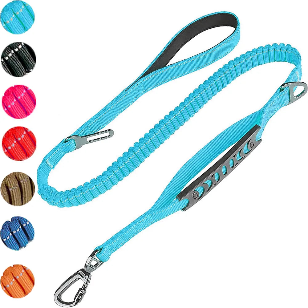 Blue reflective shock-absorbing dog leash with car safety buckle by TrendyPet's Zone, designed for secure vehicle travel.