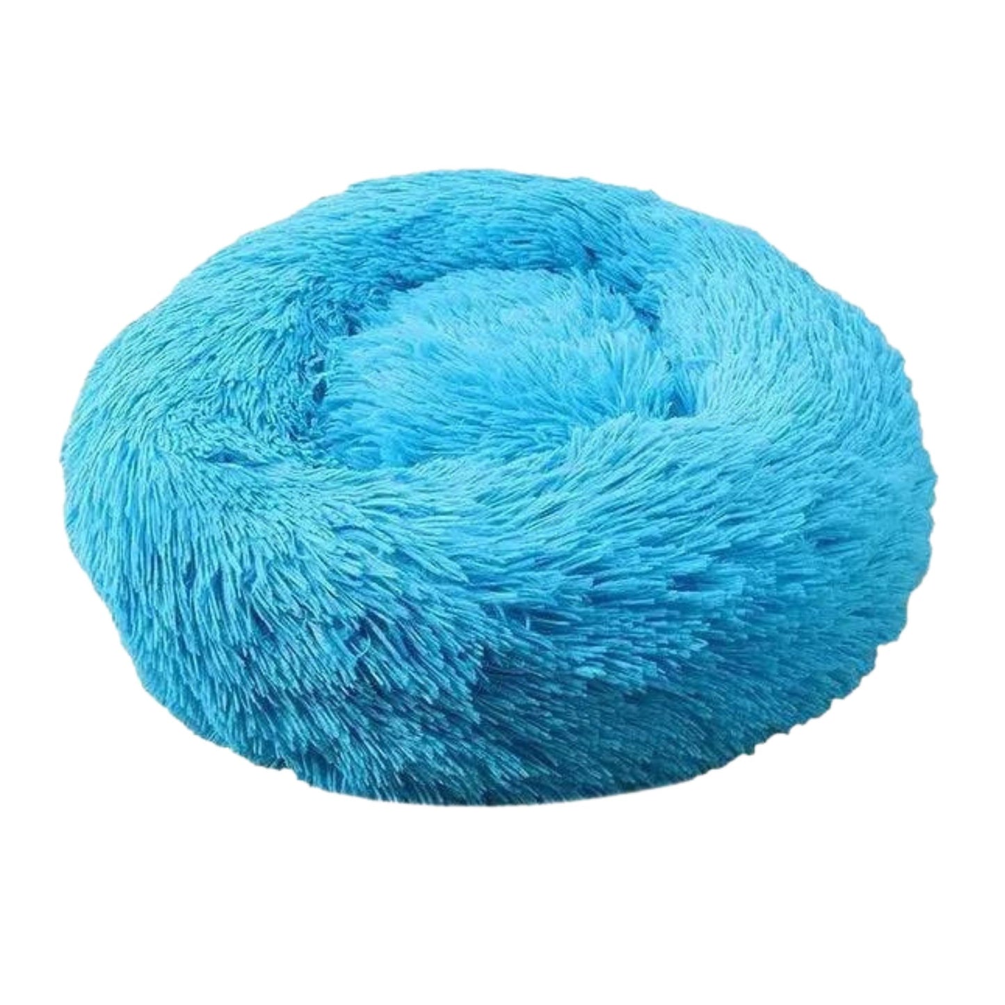 Blue round plush pet bed with thick padding, zipper closure, suitable for dogs and cats from TrendyPet's Zone.