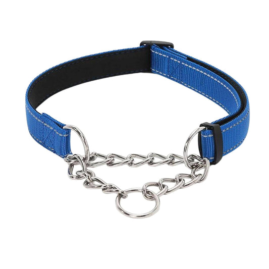 Blue Stainless Steel Chain Reflective Nylon Fabric Pet Collars for Small Medium Large Dogs - TrendyPet's Zone
