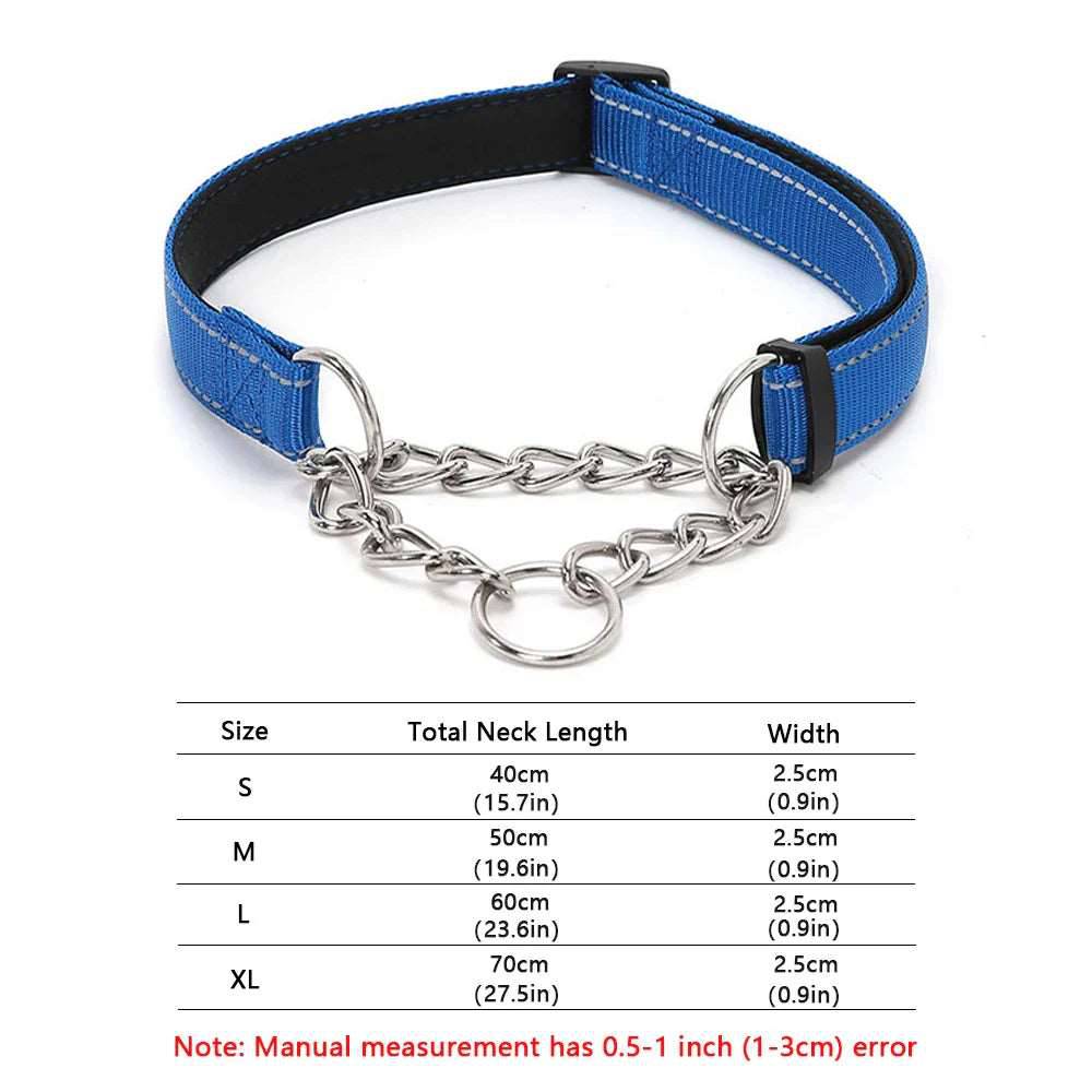 Blue Stainless Steel Chain Reflective Nylon Fabric Pet Collars for Small Medium Large Dogs - TrendyPet's Zone