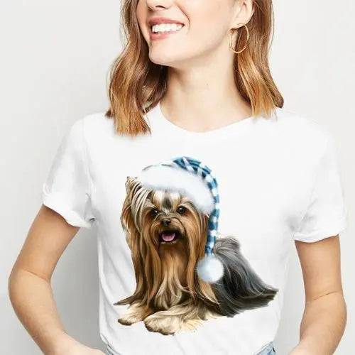 Blue stripe Cap Cute Christmas puppy Yorkies print shirt women clothes white basic t-shirt top TRENDYPET'S ZONE