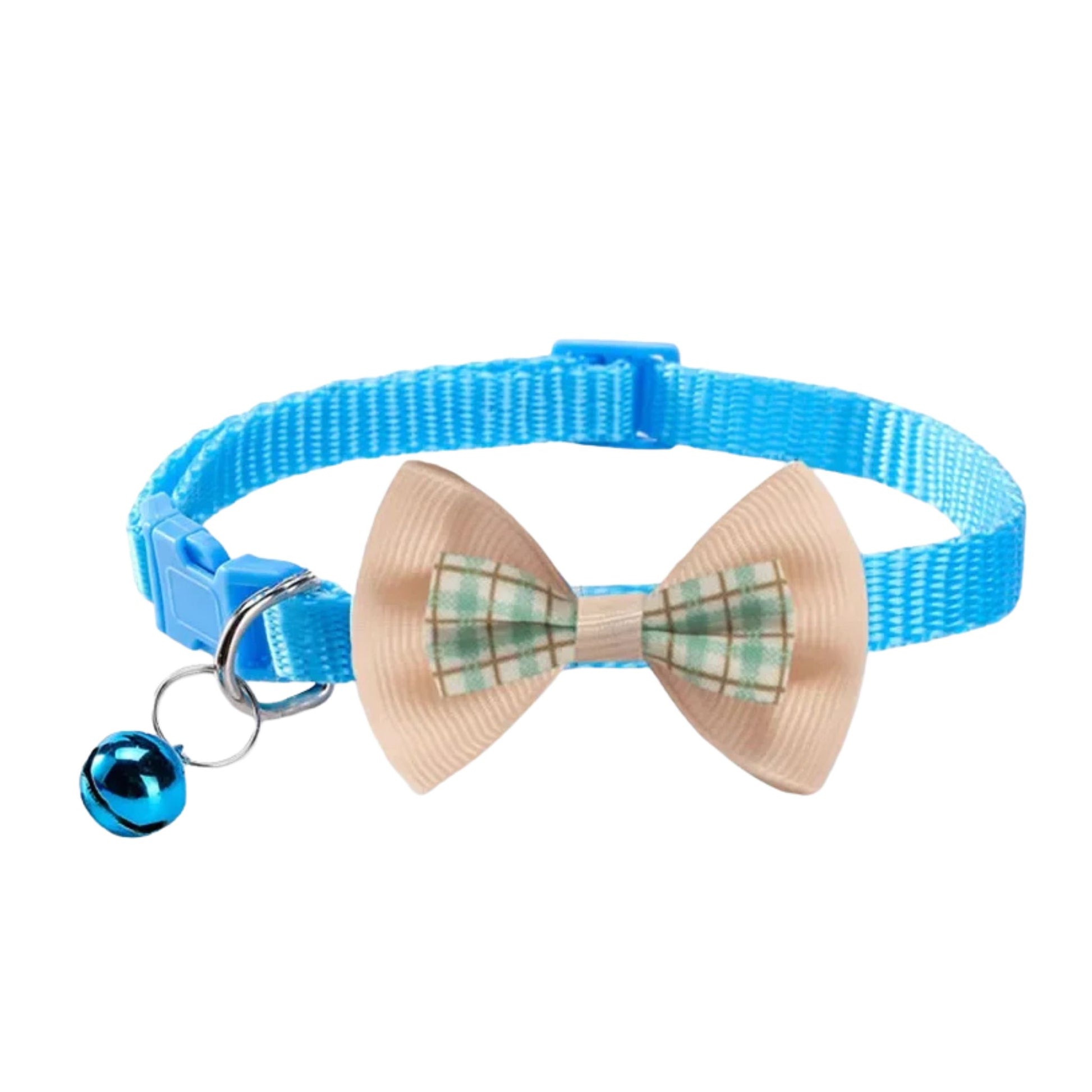 Blue adjustable cat collar with bell and bow from TrendyPet's Zone, featuring stylish, comfortable design for cats.