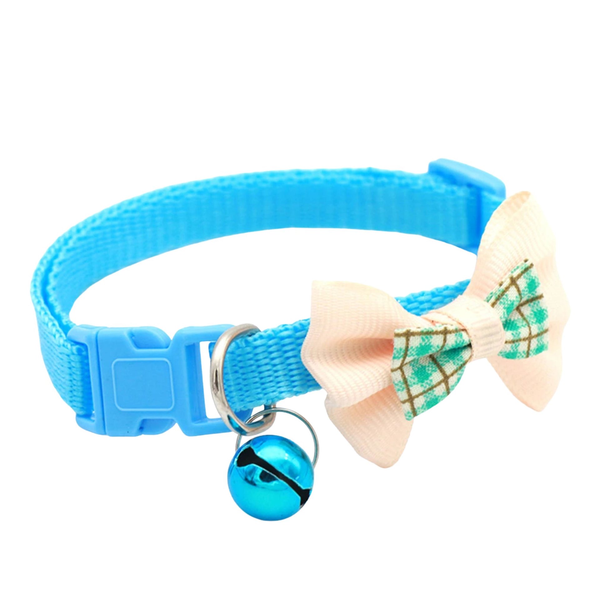 Blue adjustable cat collar with bell and bow from TrendyPet's Zone, stylish and comfortable for everyday wear.