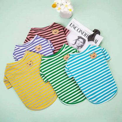 Blue Summer Clothes for Small Dogs Fashion T-Shirt Bear Print Puppy Thin Strip Vest Pet Clothes - TrendyPet's Zone