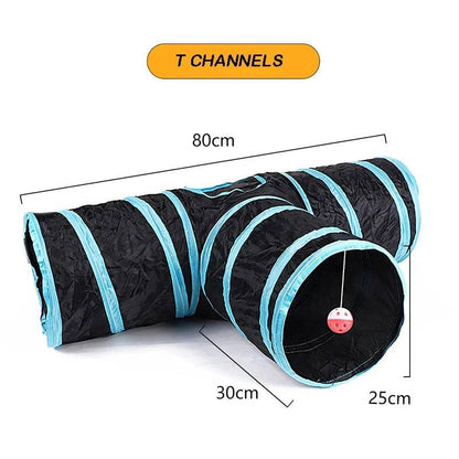 Blue T-Type Tunnel Collapsible Cat Kitten Play Interactive Toy Maze - TrendyPet's Zone