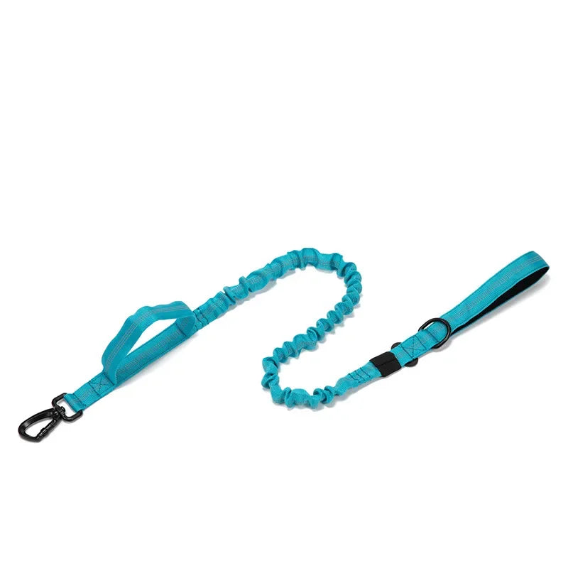 Blue elastic tactical dog leash by TrendyPet's Zone, reflective nylon no-pull leash for walking, training, and hunting.