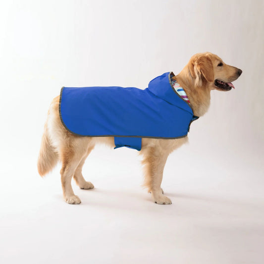 Blue waterproof dog raincoat with quick-adjust dual-sided design, ideal for all weather from TrendyPet's Zone.