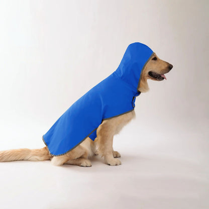 Blue waterproof dog raincoat by TrendyPet's Zone with quick-adjust dual-sided design shown on a dog for all-weather protection.