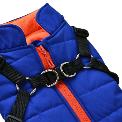 Blue waterproof dog vest jacket with harness, winter coat by TrendyPet's Zone, designed for outdoor protection and comfort.